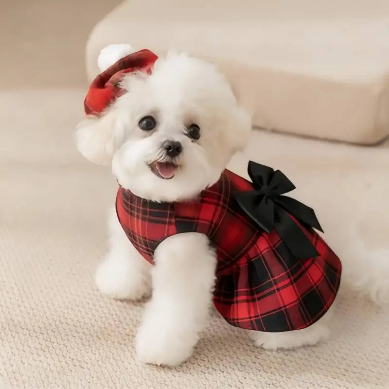 Red Tartan Pet Dress with Black Bow