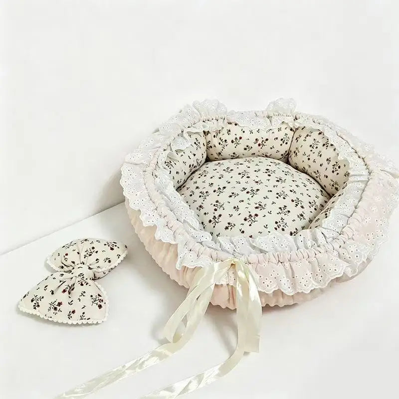Floral Lace-Trim Pet Bed with Bow Detail