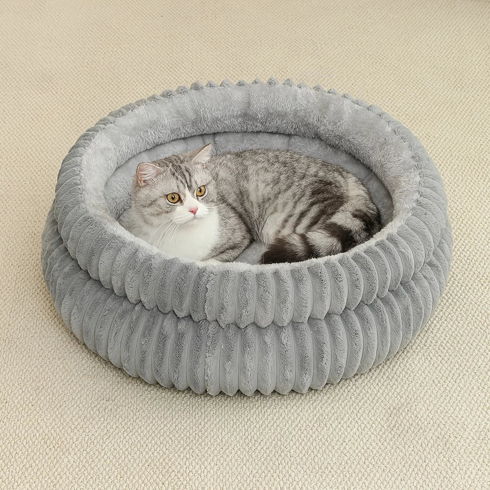 Double-Ribbed Plush Round Pet Bed