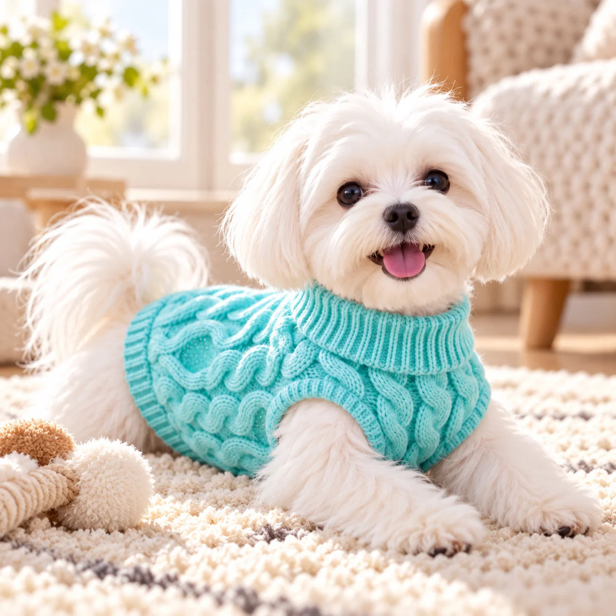 Cable-Knit Pet Sweater with Foldover Turtleneck