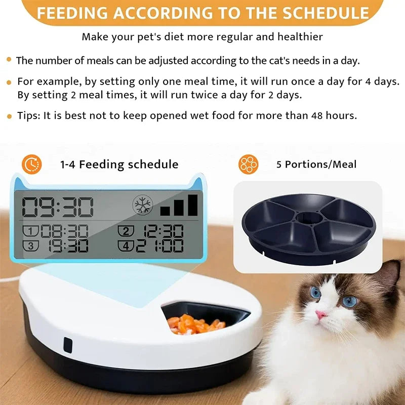 5-Compartment Timed Pet Feeder with Cooling, EU Plug 220V