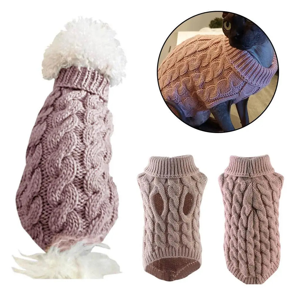 Solid Cable-Knit Pet Sweater with Ribbed Turtleneck