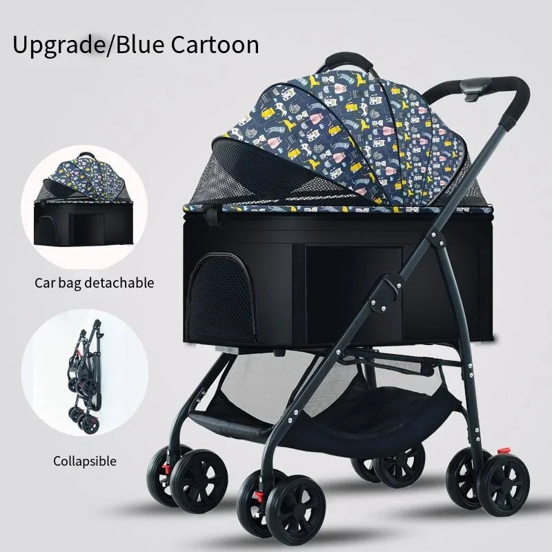 Folding Pet Stroller with Detachable Basket & Mesh Canopy