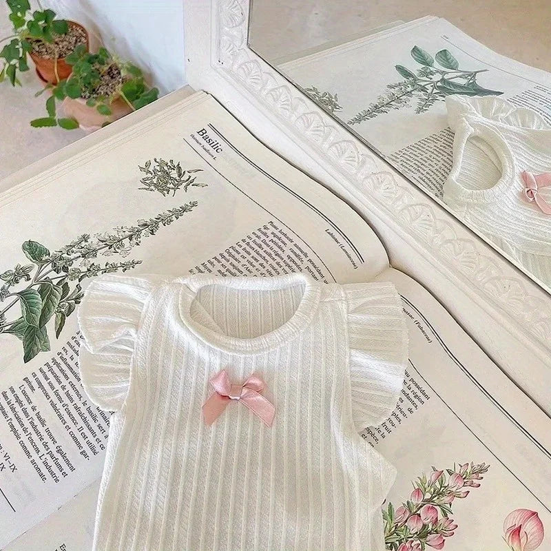 Ribbed Pet Top with Ruffle Shoulders & Contrast Bow