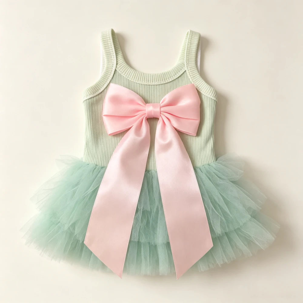 Mint Green Pet Tutu Dress with Pink Bow