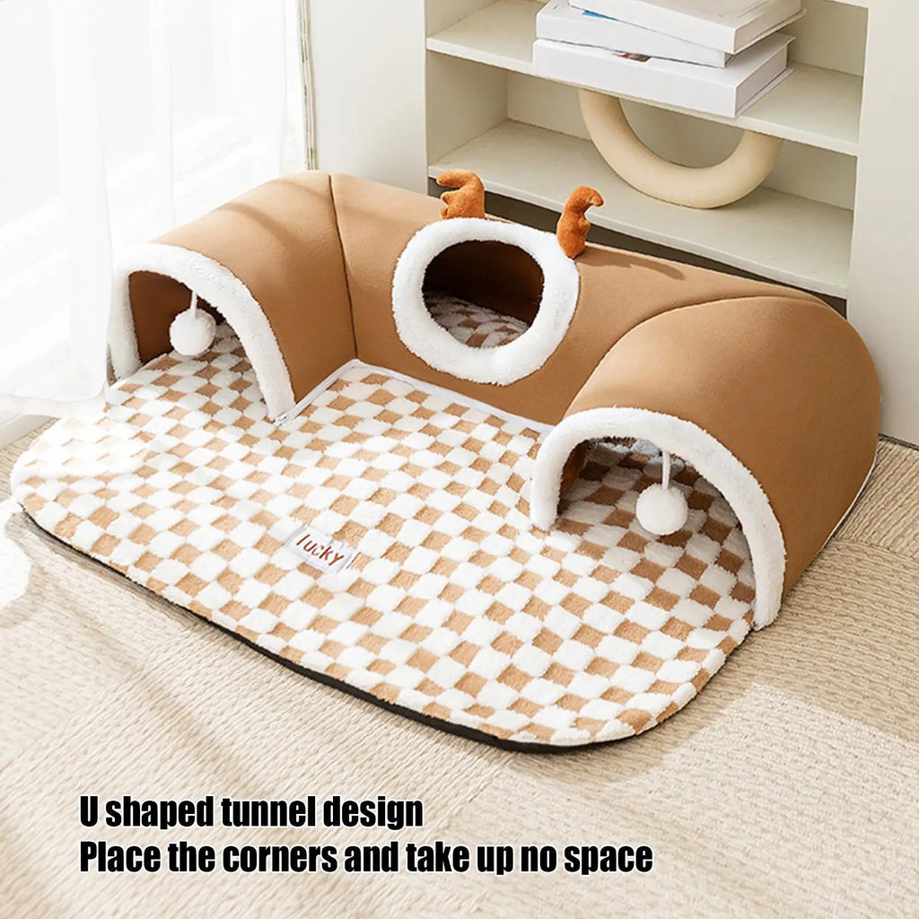 Kitten Play Tunnel Bed with Checkerboard Mat