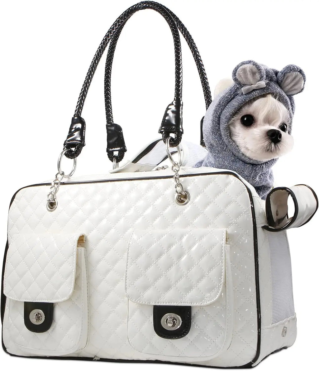 Quilted Pet Carrier Handbag with Braided Handles