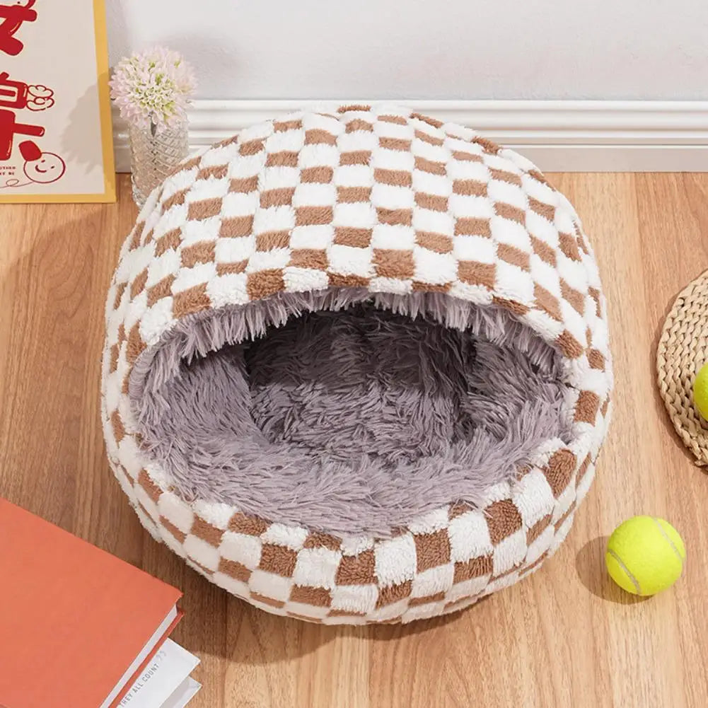 Checkerboard Plush Hooded Pet Bed