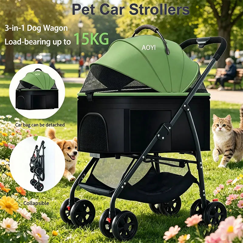 Folding Pet Stroller with Detachable Basket & Mesh Canopy