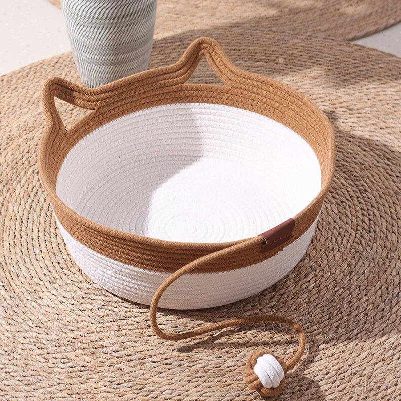 Cotton Rope Cat Basket Bed with Ear Handles & Ball Toy