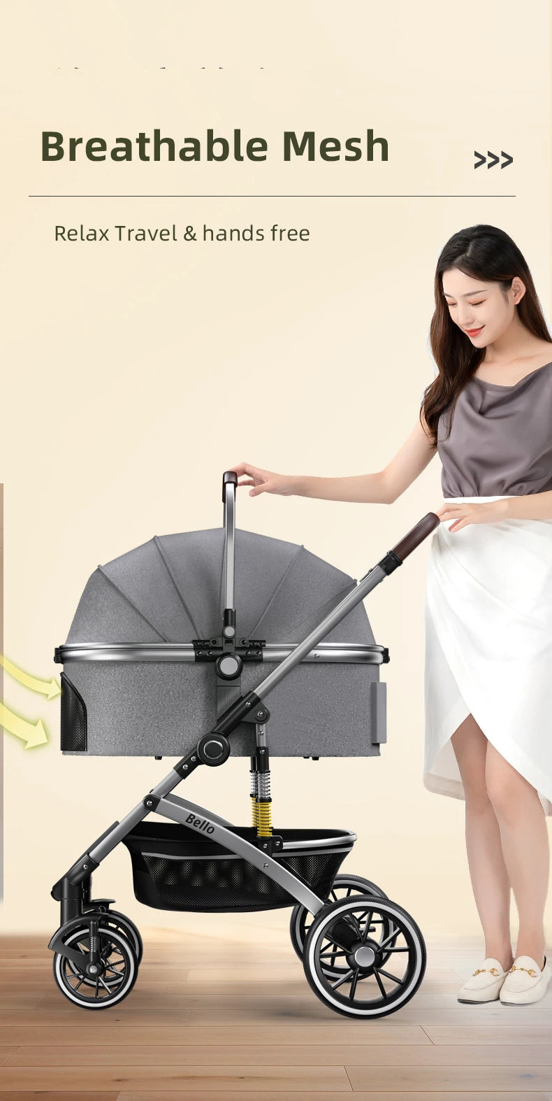Folding Pet Stroller with Detachable Basket & Canopy