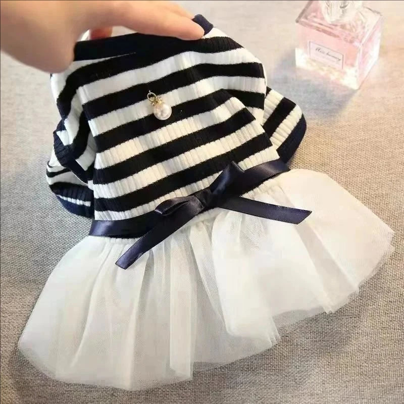 Striped Pet Dress with White Tutu Skirt & Ribbon Bow