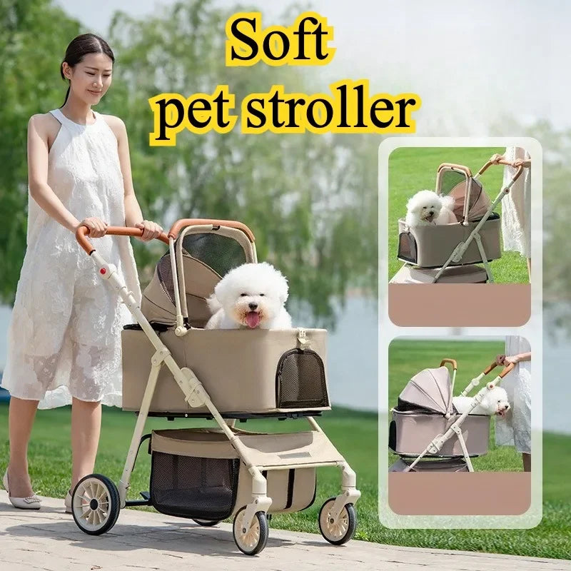 Folding Pet Stroller with Detachable Carrier & Lower Basket
