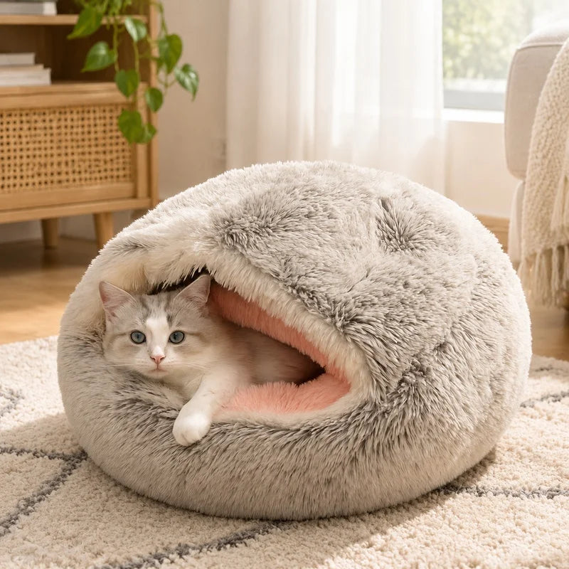 Shaggy Plush Cat Cave Bed with Snuggle Cover
