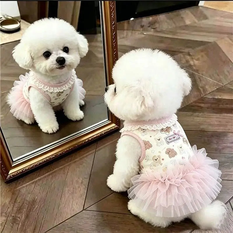 Puppy-Print Pet Tutu Dress with Lace Collar & Bow