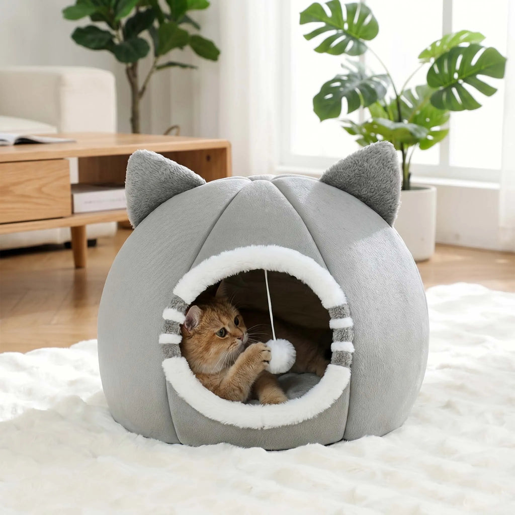 Gray Cat-Face Plush Cave Bed with Pom-Pom