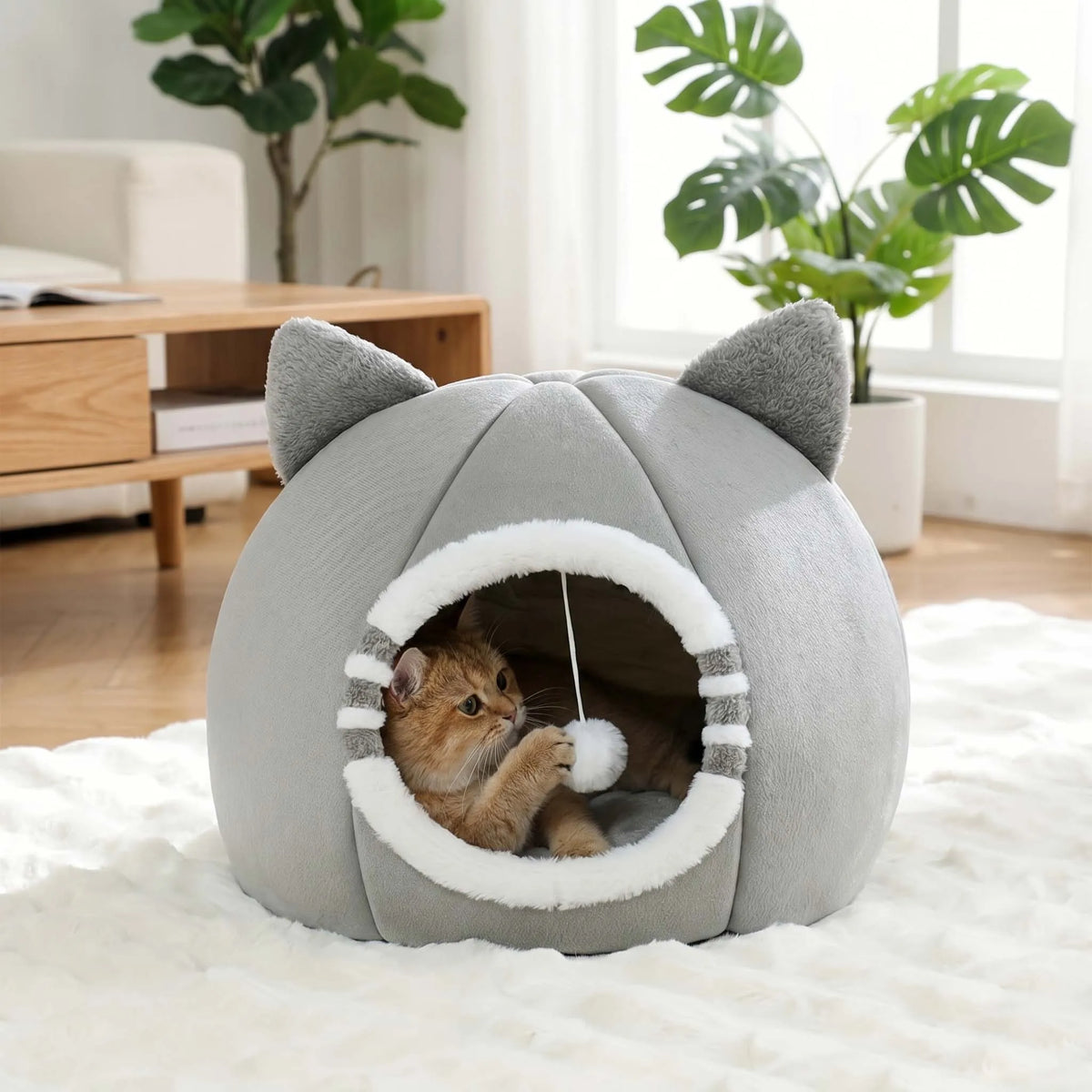 Gray Cat-Face Plush Cave Bed with Pom-Pom