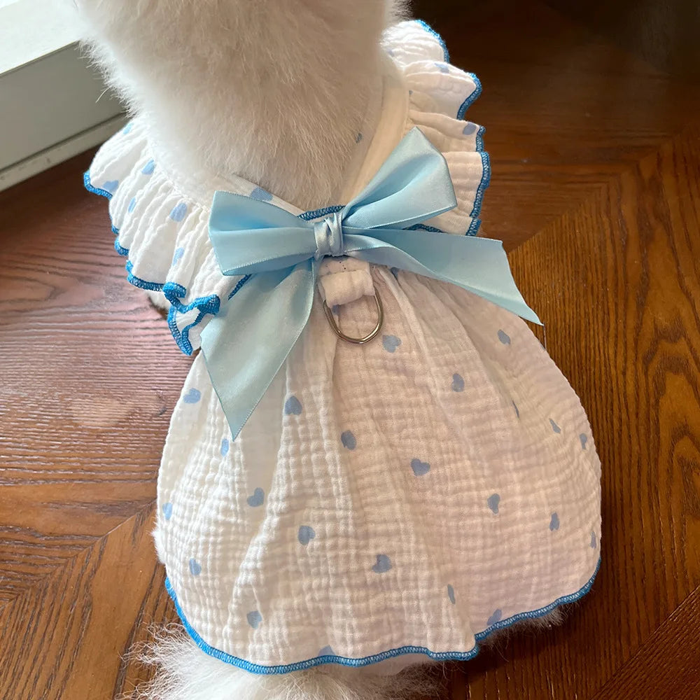Heart-Print Pet Dress with Ruffle Collar & Bow