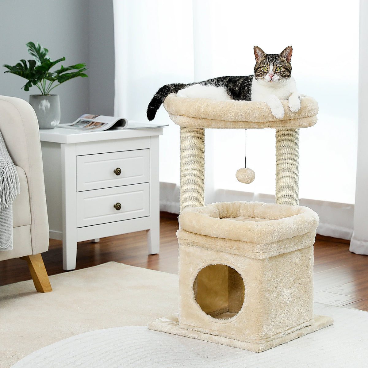 Compact Plush Cat Tower with Condo & Top Perch