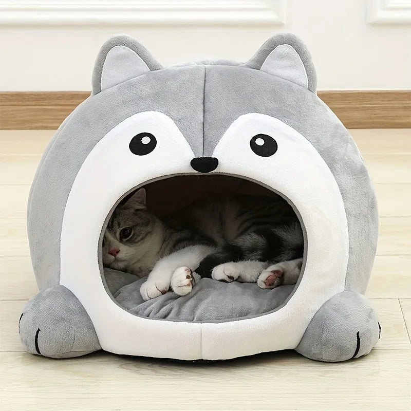Gray Cat-Face Plush Cave Bed with Pom-Pom