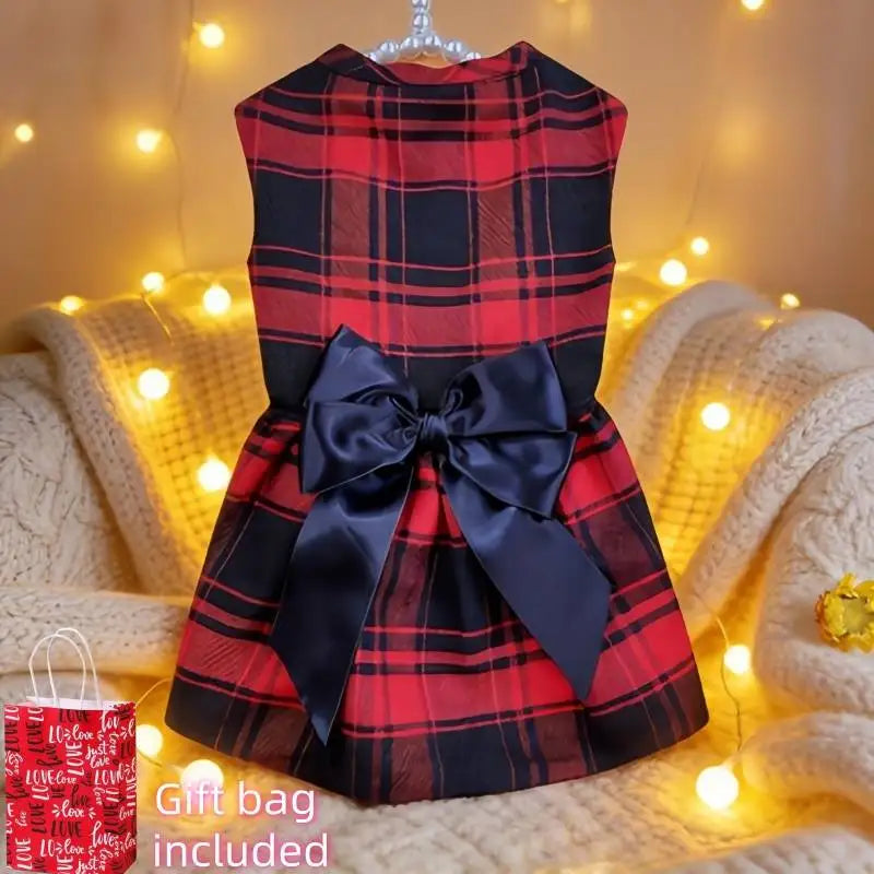 Red Tartan Pet Dress with Black Bow