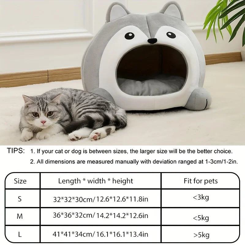 Gray Cat-Face Plush Cave Bed with Pom-Pom
