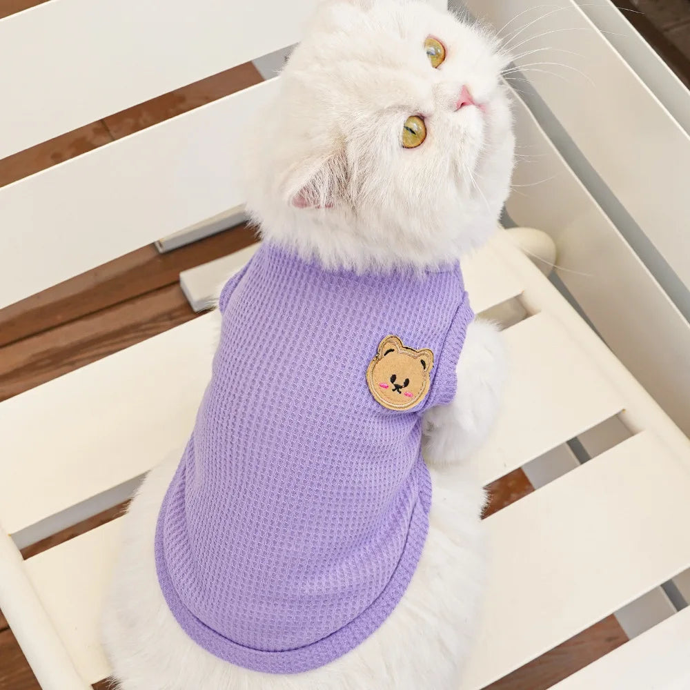 Waffle-Texture Bear-Patch Cat Vest