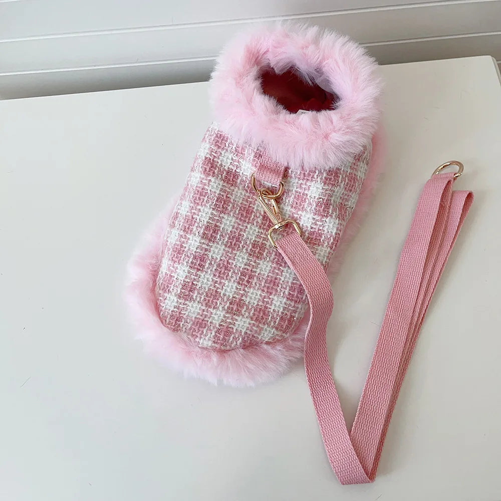 Plaid Pet Cape Coat with Fluffy Trim