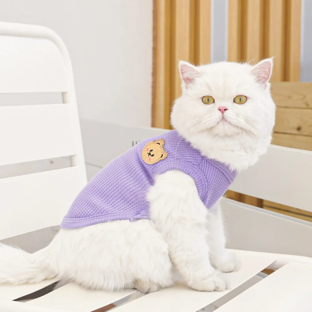 Waffle-Texture Bear-Patch Cat Vest