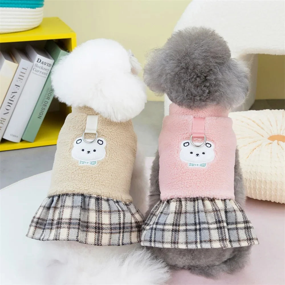 Plaid-Skirt Pet Dress with Decorative Back Patch