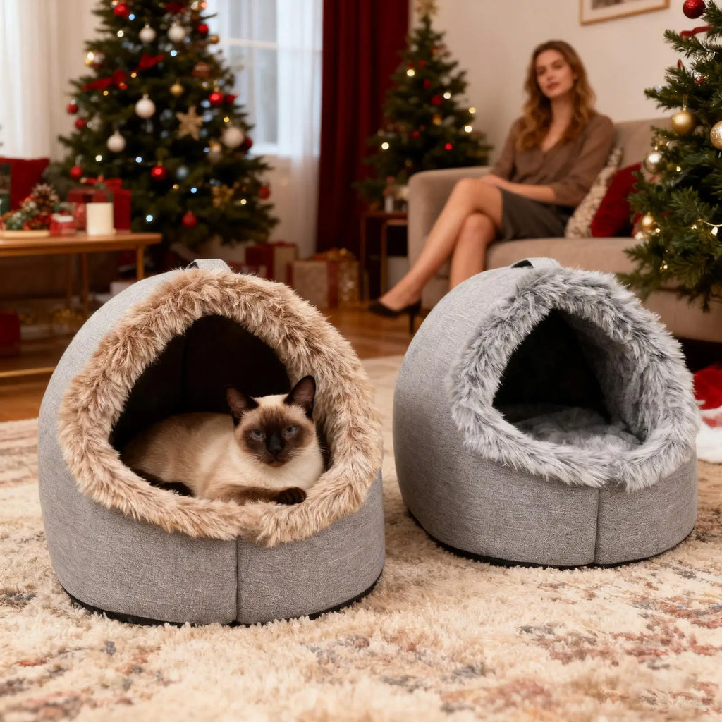 Plush-Trimmed Cave Bed for Cats & Small Dogs