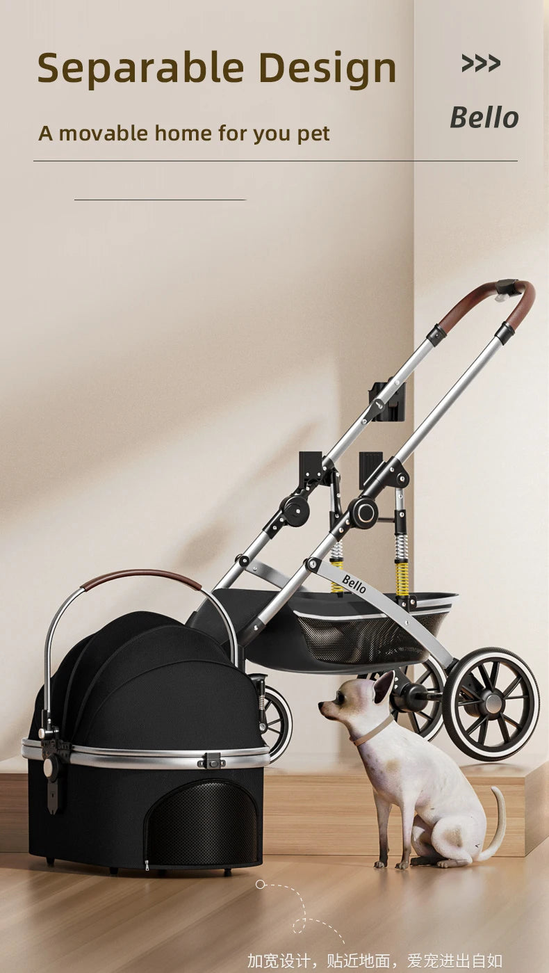 Folding Pet Stroller with Detachable Basket & Canopy