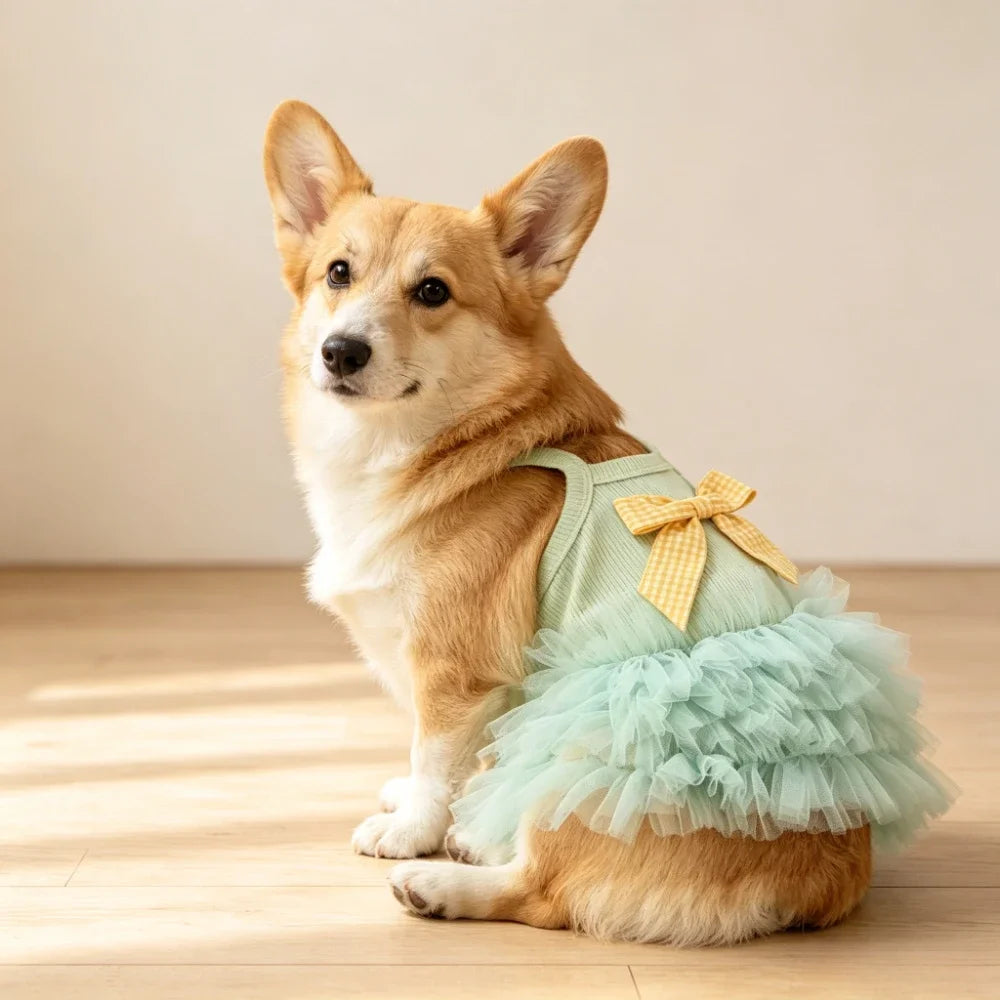 Mint Ruffle Pet Dress with Yellow Gingham Bow