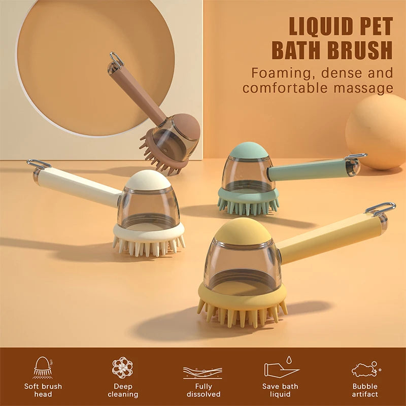 Pet Bath Brush with Refillable Shampoo Dispenser & Long Handle