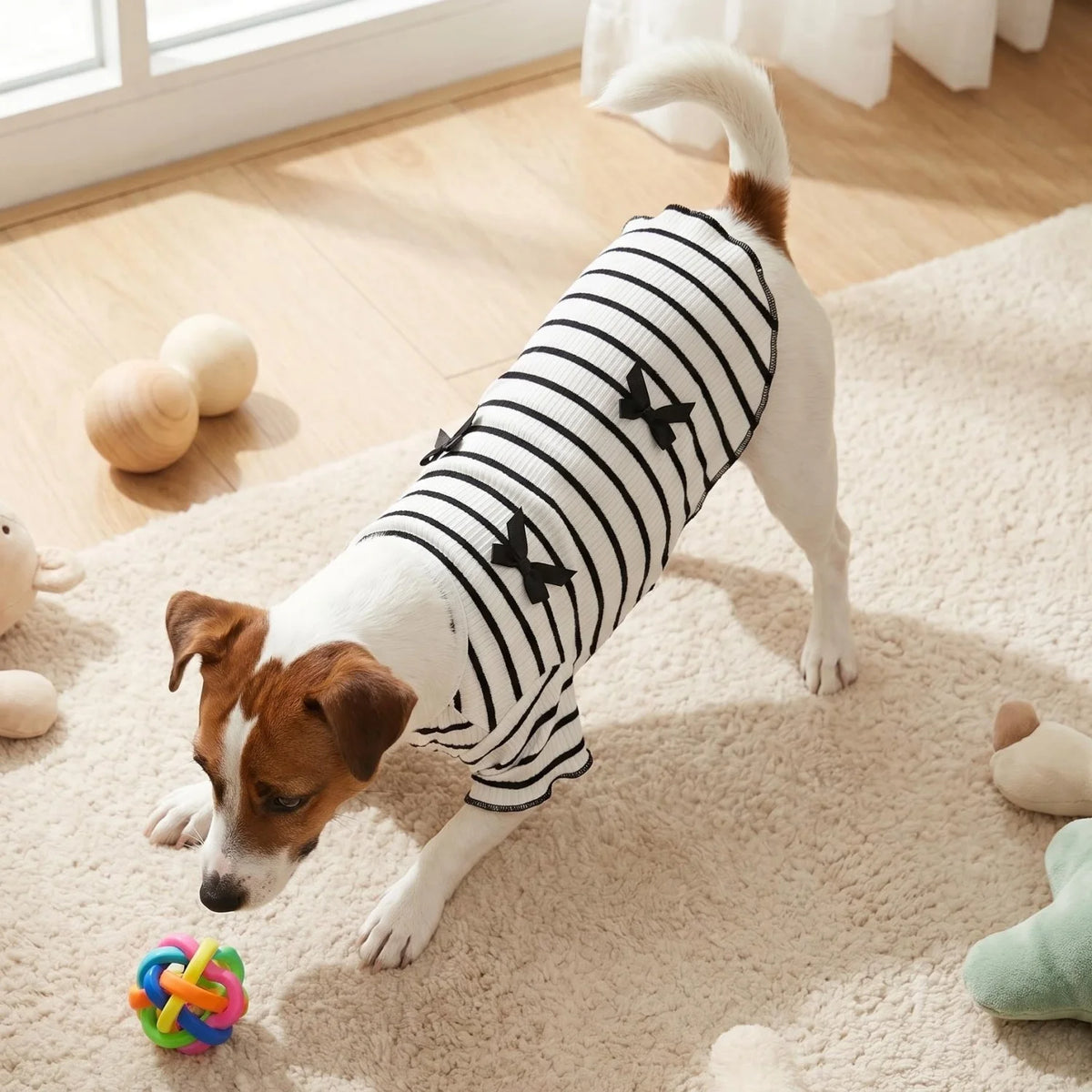 Striped Ribbed Pet T-Shirt with Ribbon Bows