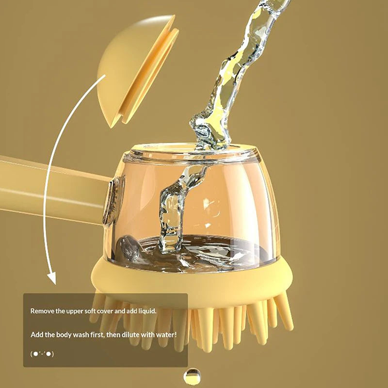 Pet Bath Brush with Refillable Shampoo Dispenser & Long Handle