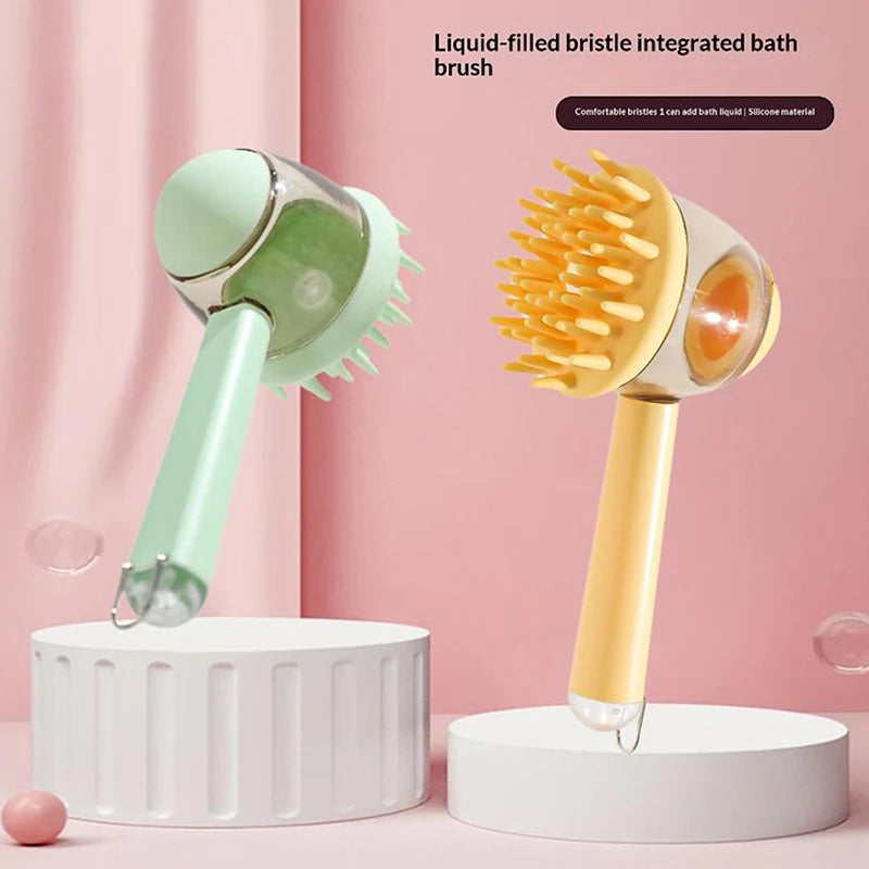 Pet Bath Brush with Refillable Shampoo Dispenser & Long Handle