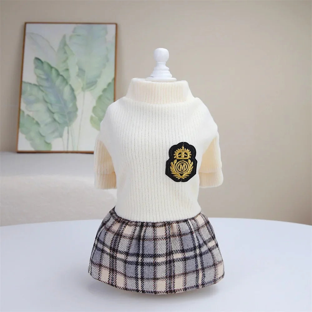 Plaid-Skirt Pet Dress with Decorative Back Patch