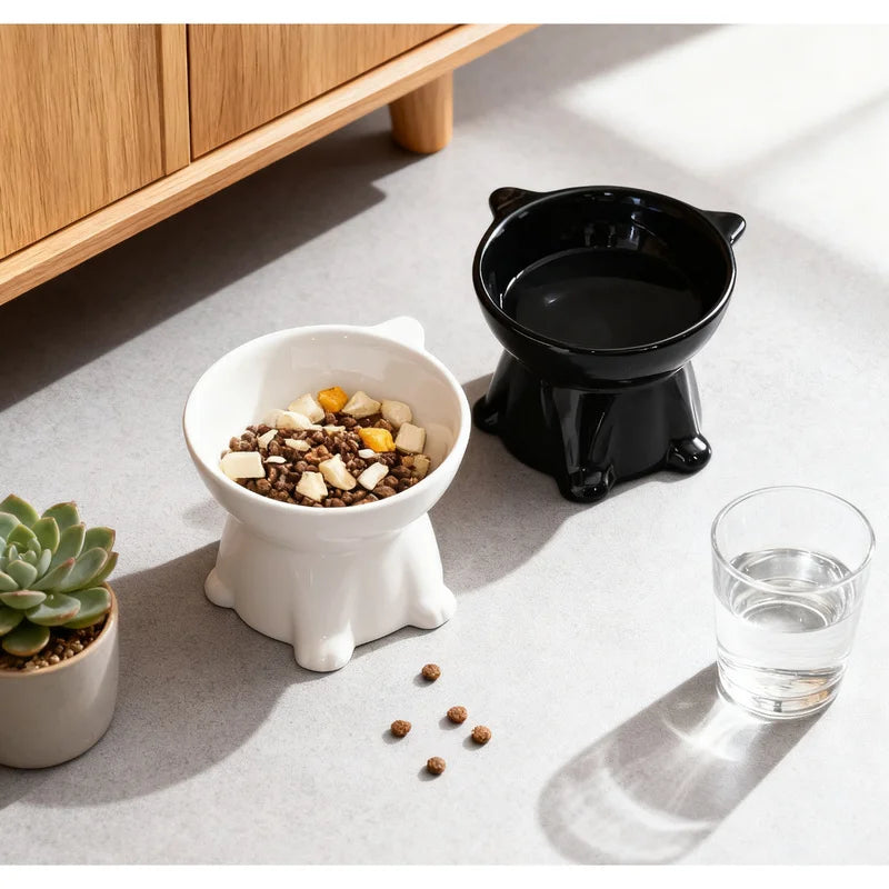 Tilted Raised Cat Bowl in Black or White