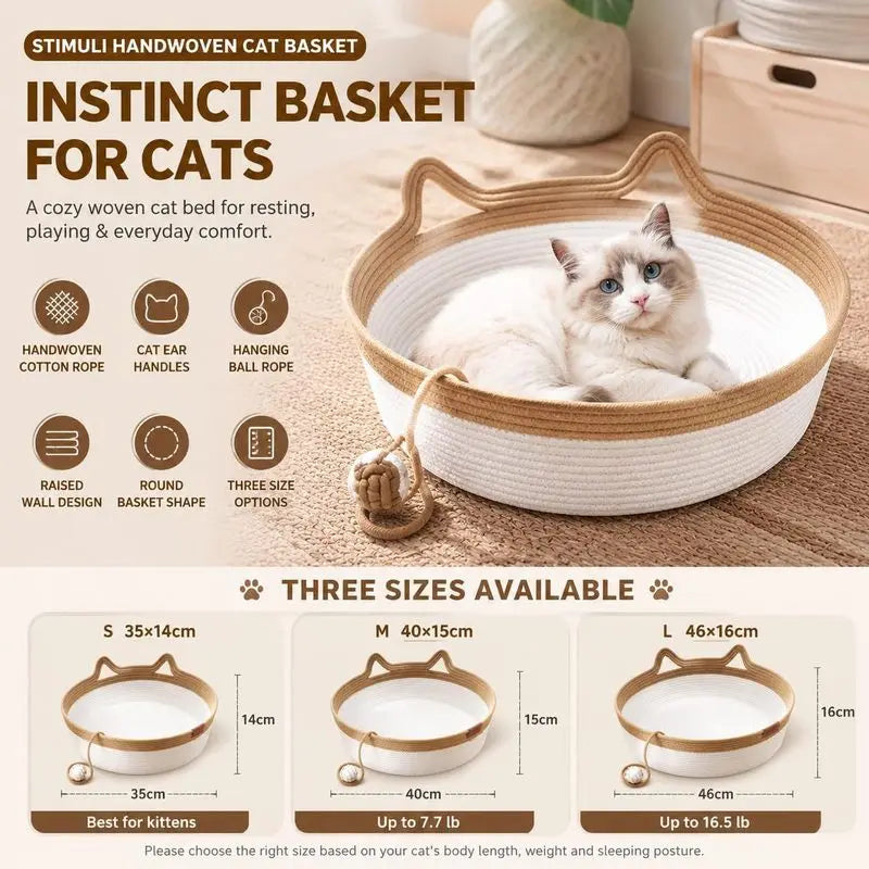 Cotton Rope Cat Basket Bed with Ear Handles & Ball Toy