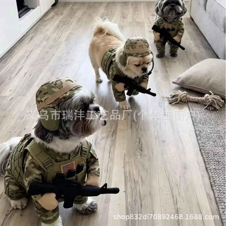 Camouflage Soldier Costume with Helmet for Cats & Small Dogs