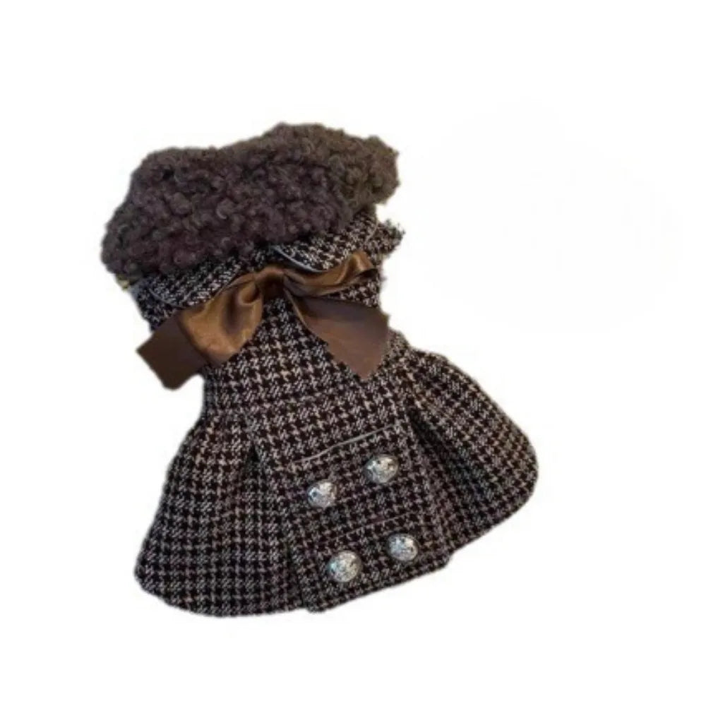 Brown Check Pet Dress with Plush Collar & Satin Bow