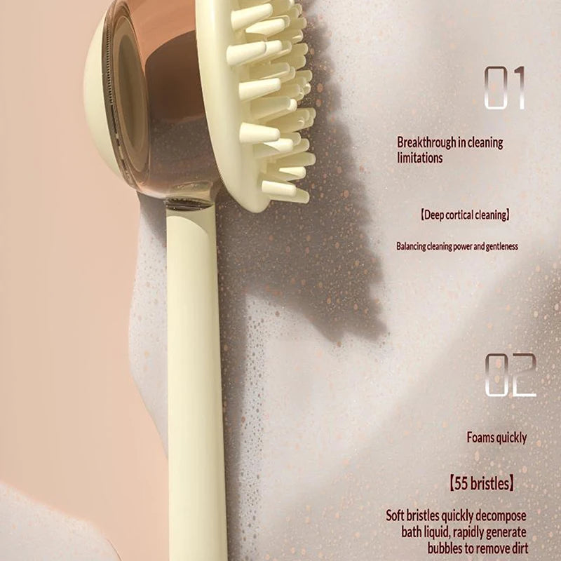 Pet Bath Brush with Refillable Shampoo Dispenser & Long Handle
