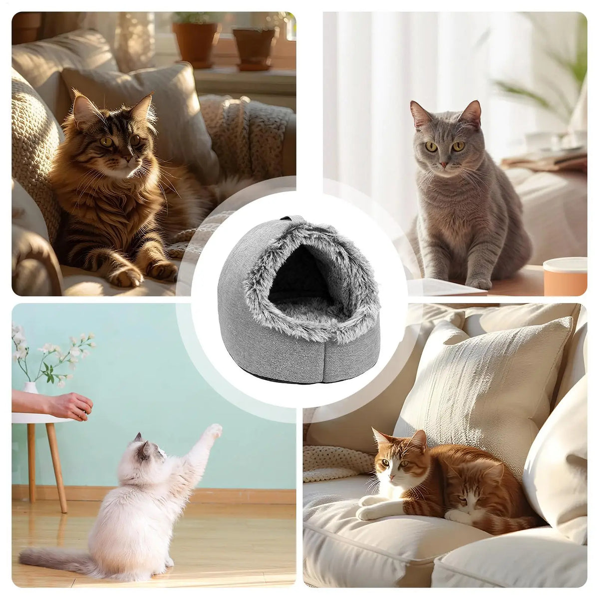 Plush-Trimmed Cave Bed for Cats & Small Dogs