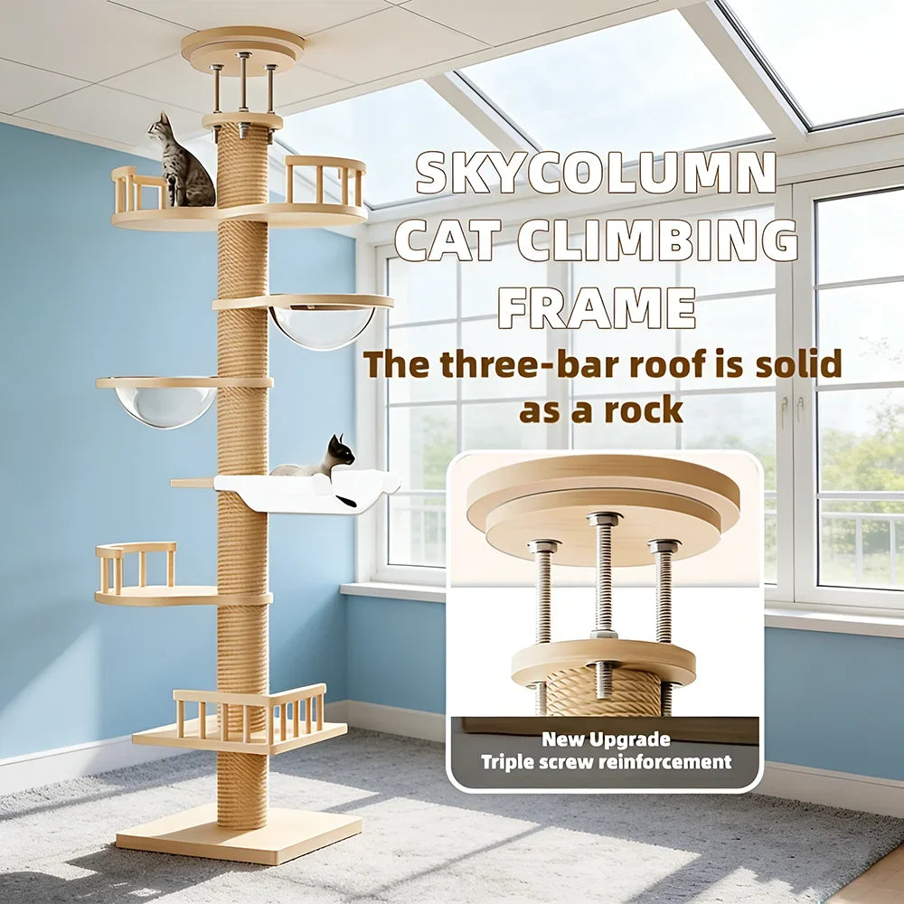 Floor-to-Ceiling Cat Tree with Clear Bowls & Hammock