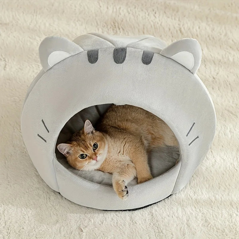 Gray Cat-Face Plush Cave Bed with Pom-Pom