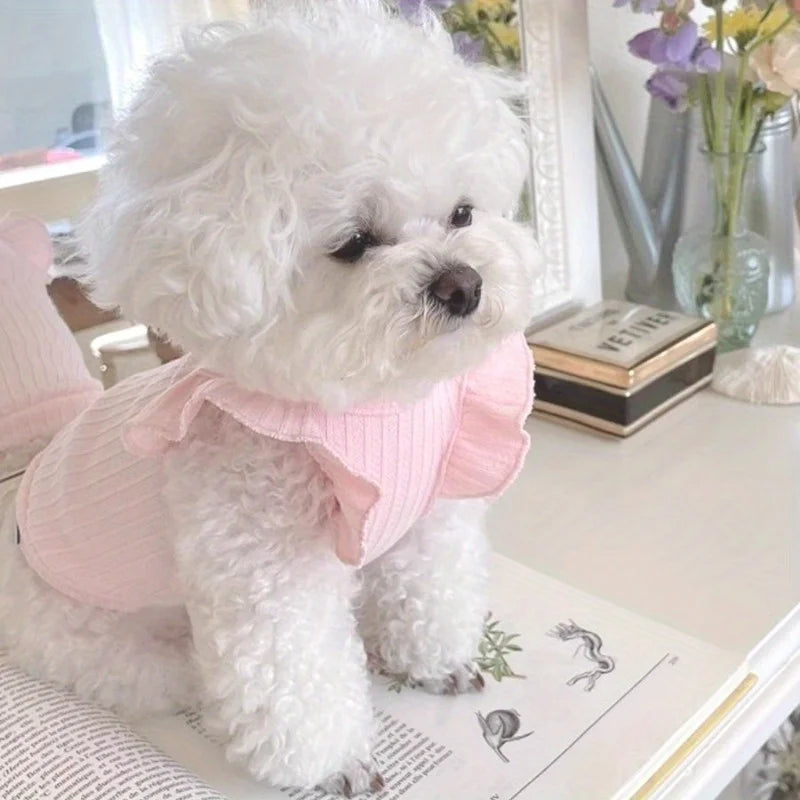 Ribbed Pet Top with Ruffle Shoulders & Contrast Bow