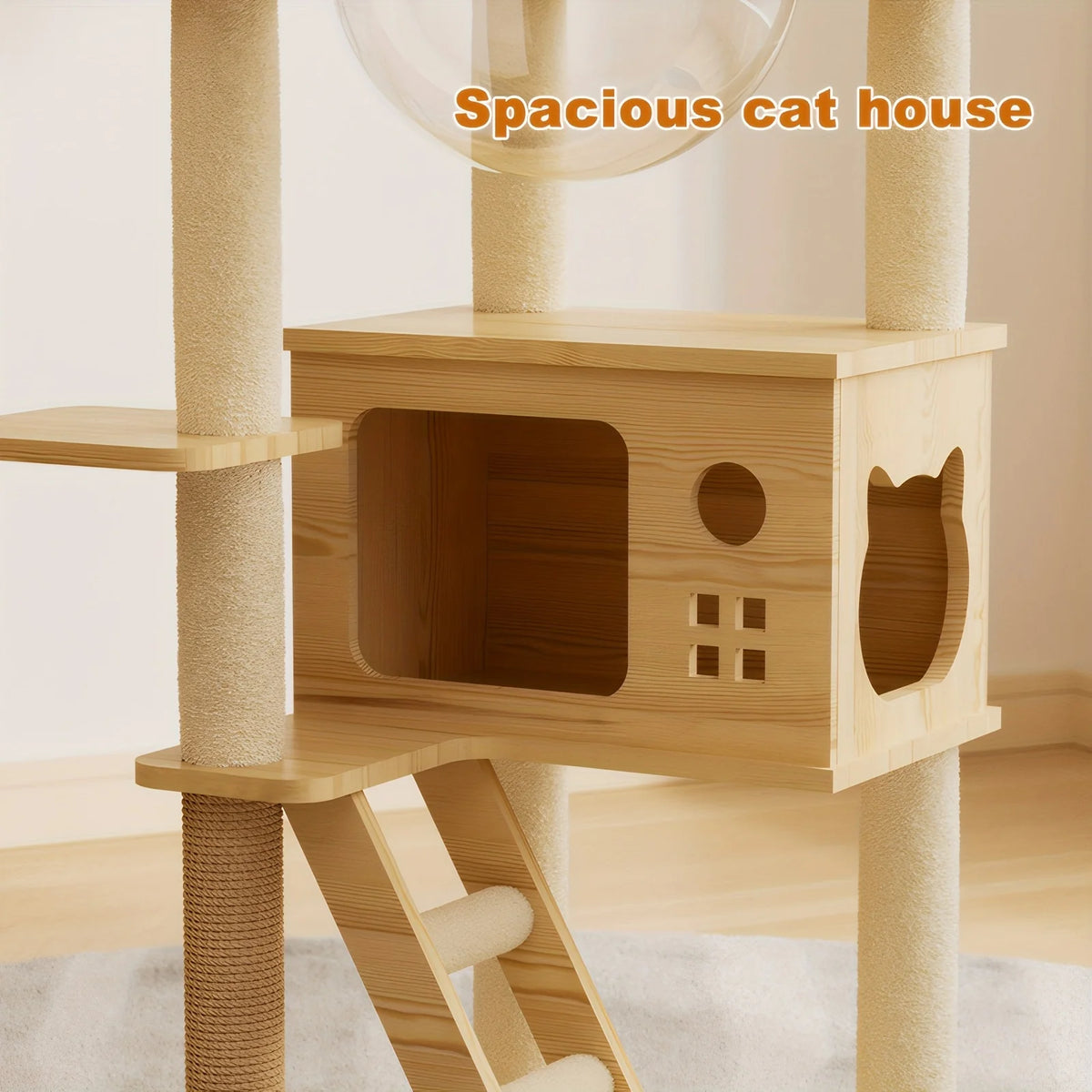 Wood-Look Cat Tower with Clear Lounging Bowls & Hideaway
