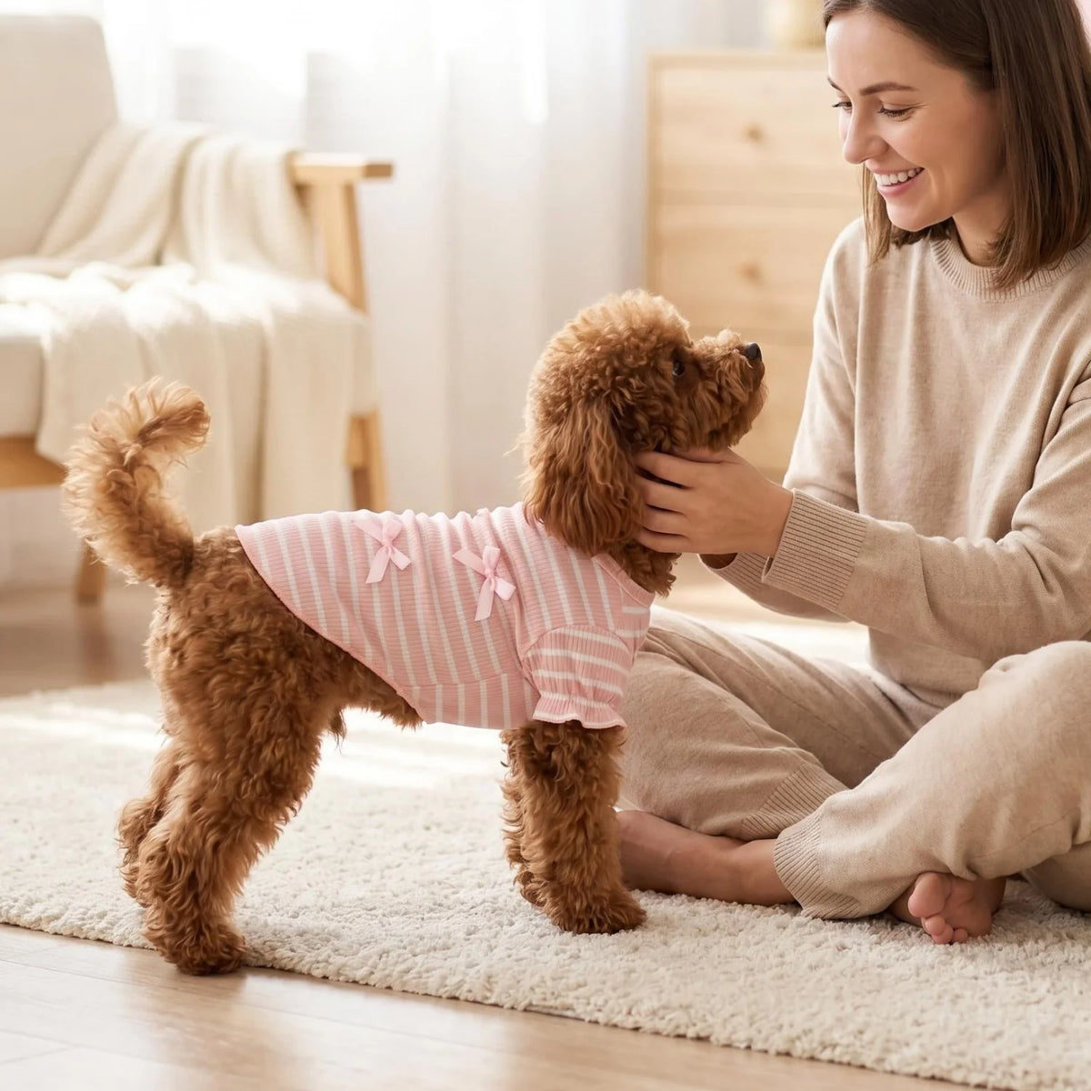 Striped Ribbed Pet T-Shirt with Ribbon Bows