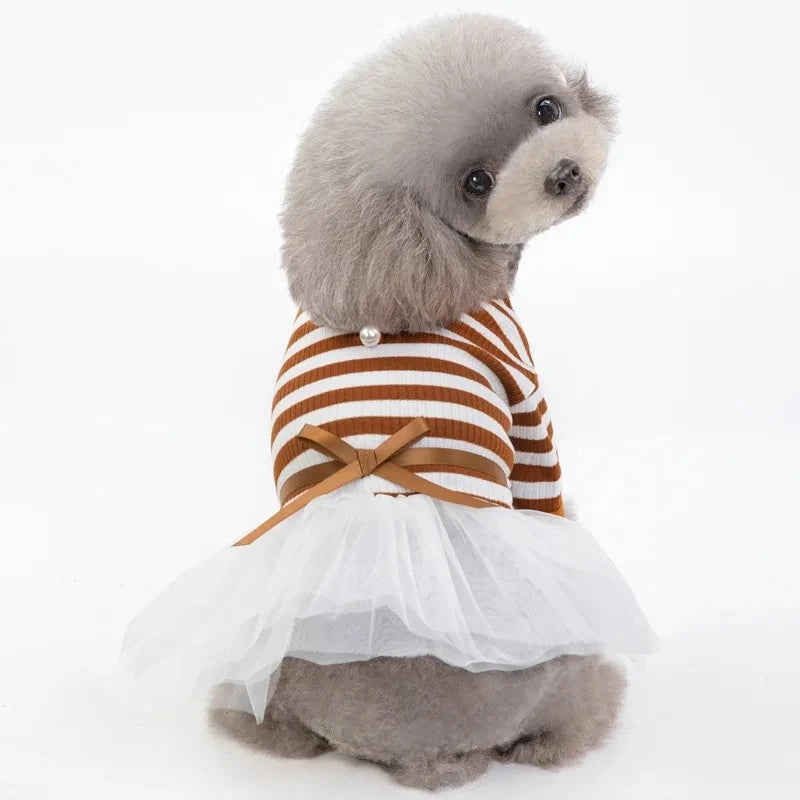 Striped Pet Dress with White Tutu Skirt & Ribbon Bow